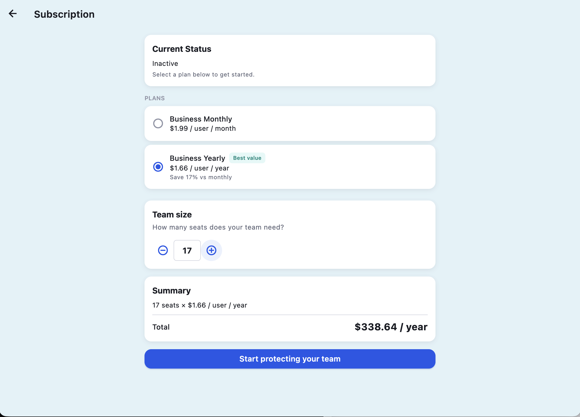 Business subscription plans with flexible team sizing